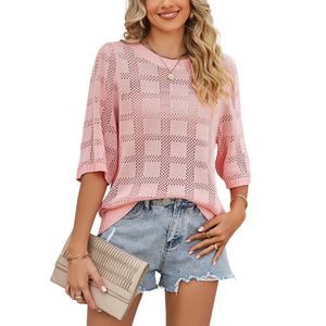 C.CLINE Pink Square Openwork Half Sleeve Hi Low Top Size L